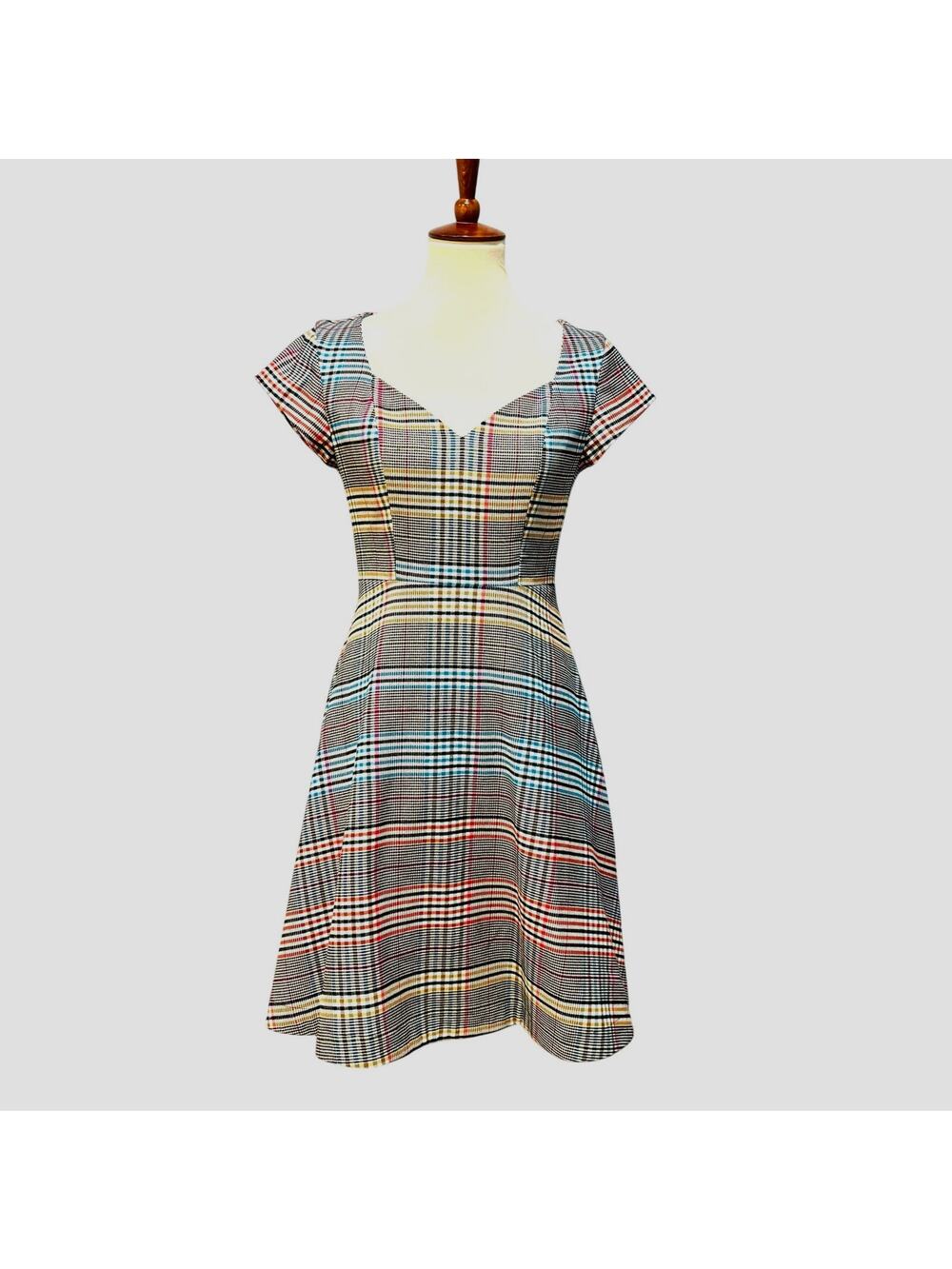Anthropologie Plaid Fit & Flare Dress Date Night Twee Mod Gray Red Blue, Size 4